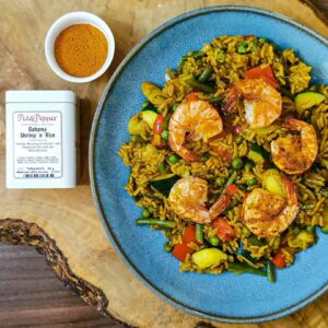 Karibische Reispfanne mit Gambas und Gemüse